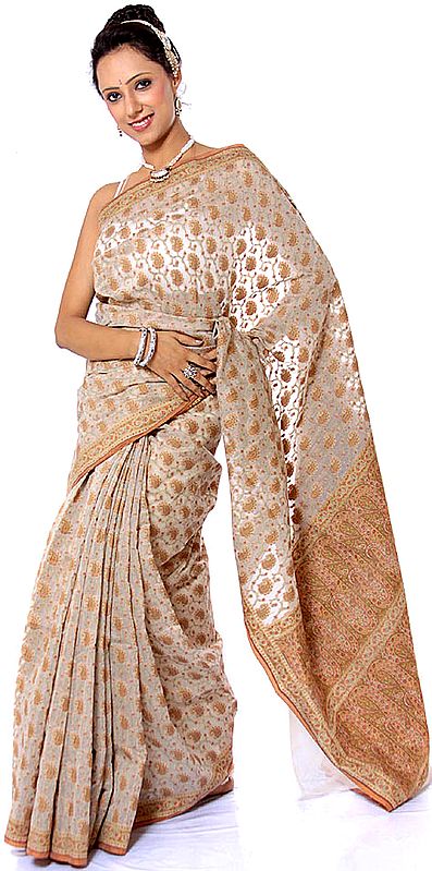 Beige Ultra-light Sari from Banaras with Intricately Woven Paisleys