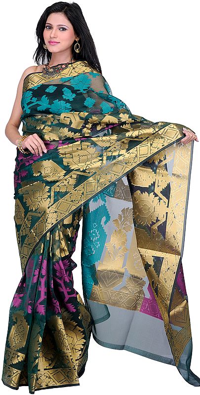 Bistro-Green and Purple-Orchid Sari with Hand Woven Flowers