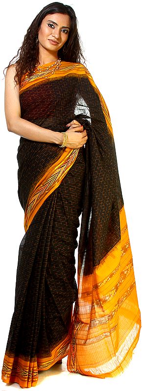Black and Apricot Ikat Sari Handwoven in Pochampally village