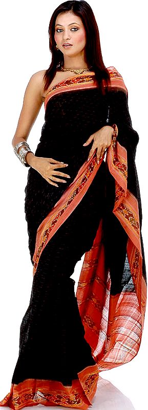 Black and Chestnut Ikat Sari from Pochampally