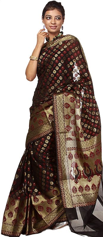 Black and Golden Banarasi Sari with All-Over Woven Flowers and Brocaded Aanchal