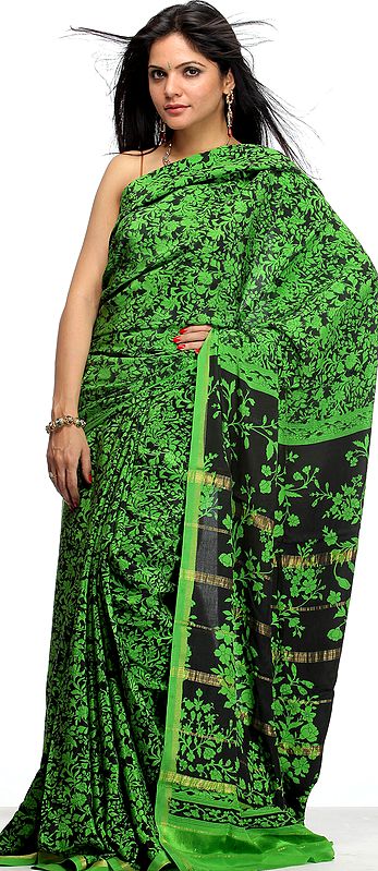 Black and Green Authentic Pure Mysore Silk Sari Woven by Hand