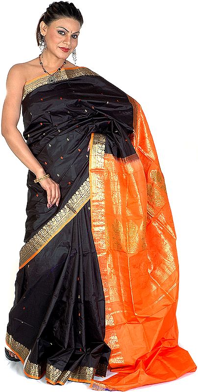 Black and Orange Kanjivaram Sari with Golden Thread Weave