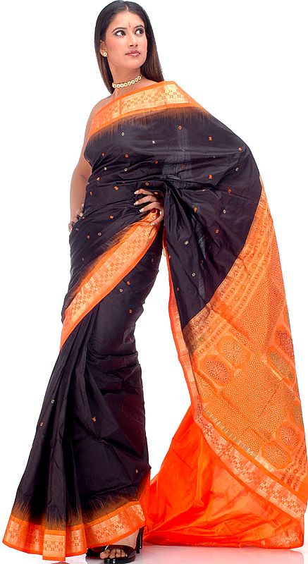 Black and Orange Kanjivaram Sari with Golden Thread Work