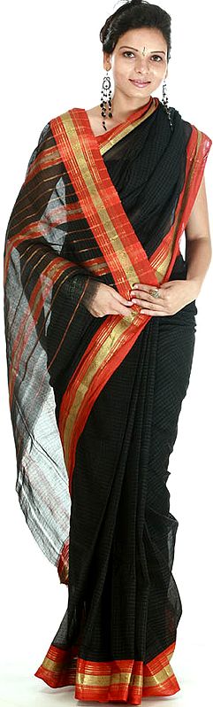 Black and Orange Narayanpet Sari with Fine Checks