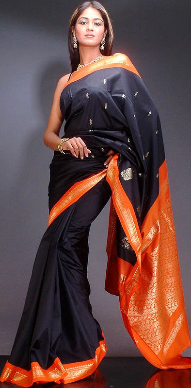 Black and Orange Sari with Golden Thread Work