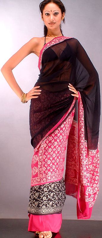 Black and Purple Chiffon Sari with Floral Weave