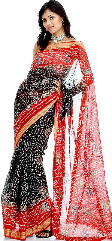 Black and Red Bandhani Sari with Golden Paint