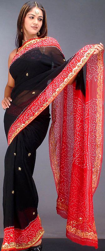 Black and Red Bandhini Sari with Golden Sequins