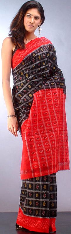 Black and Red Cotton Sari with Patola Weave