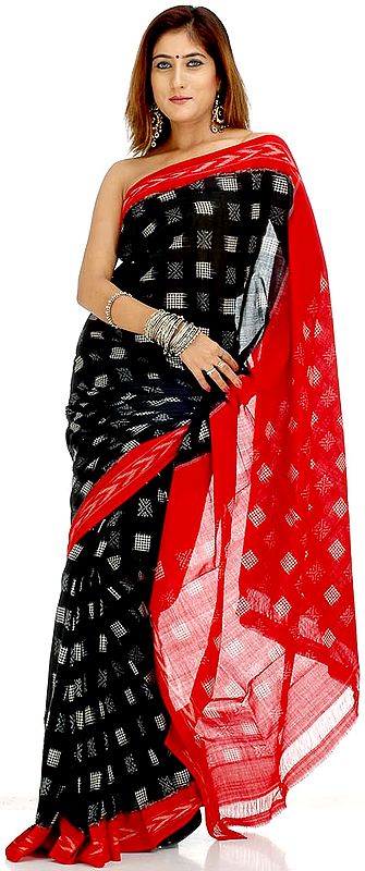 Black and Red Double Ikat Sari from Pochampally