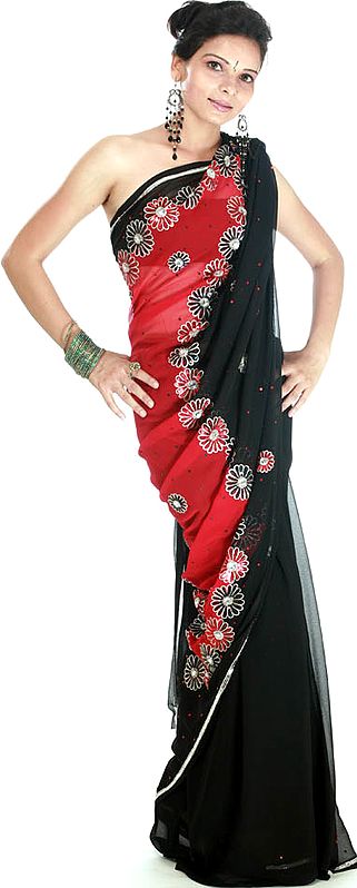 Black and Red Floral Sari with Sequins and Beads