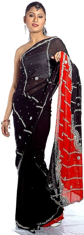 Black and Red Mumtaz Sari with All-Over Sequins