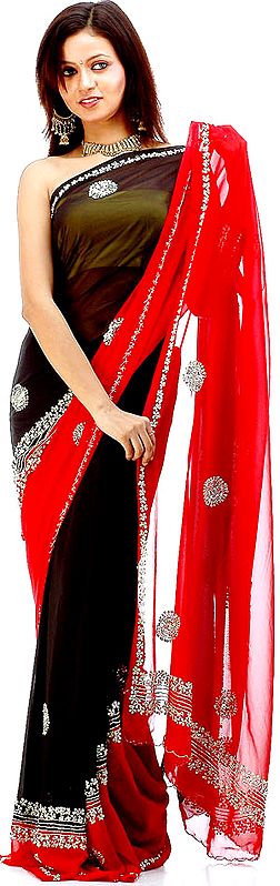 Black and Red Mumtaz Sari with Sequins and Threadwork