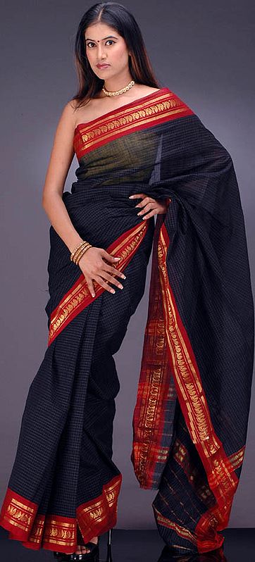 Black and Red Narayanpet Sari with Small Checks
