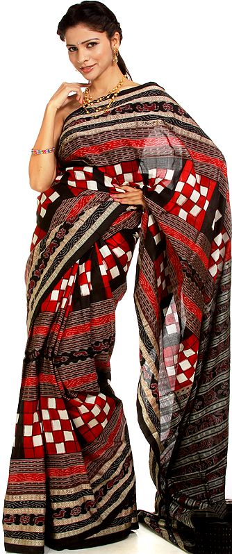 Black and Red Sambhalpuri Sari with Ikat Woven Checks