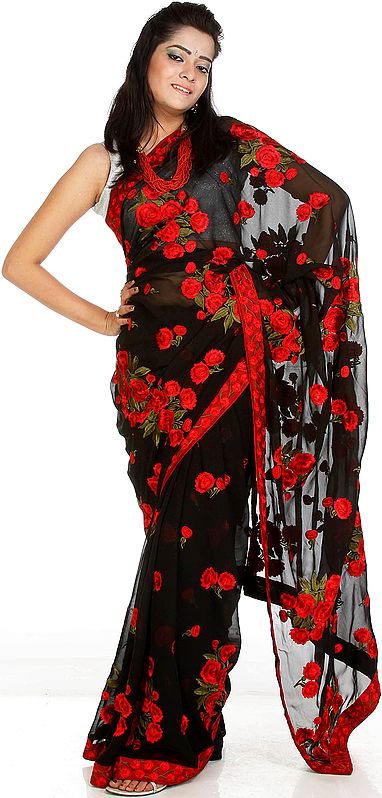 Black and Red Sari with Parsi Embroidered Roses All-Over