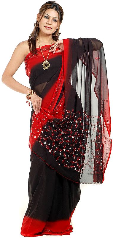 Black and Red Sari with Sequins and Embroidery