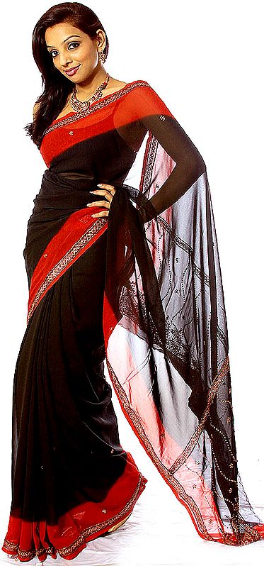 Black and Red Sari with Sequins and Gota Border