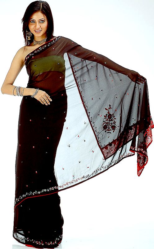 Black and Red Sari with Sequins and Threadwork
