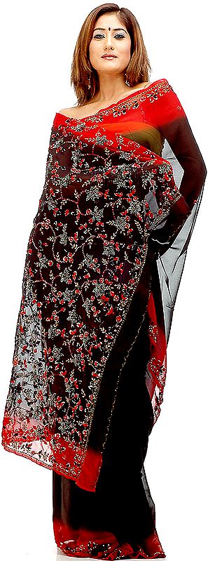 Black and Red Sari with Sequins and Threadwork