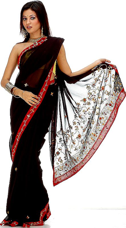 Black and Red Sari with Sequins and Threadwork