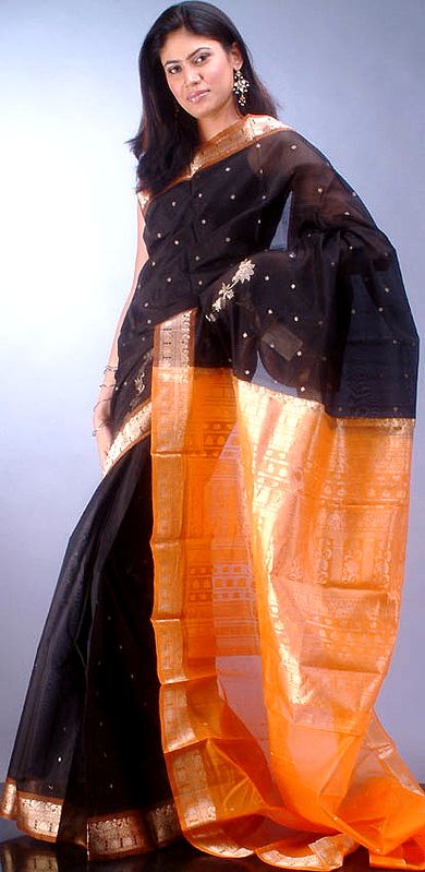 Black and Red South Cotton Sari with Golden Thread Work