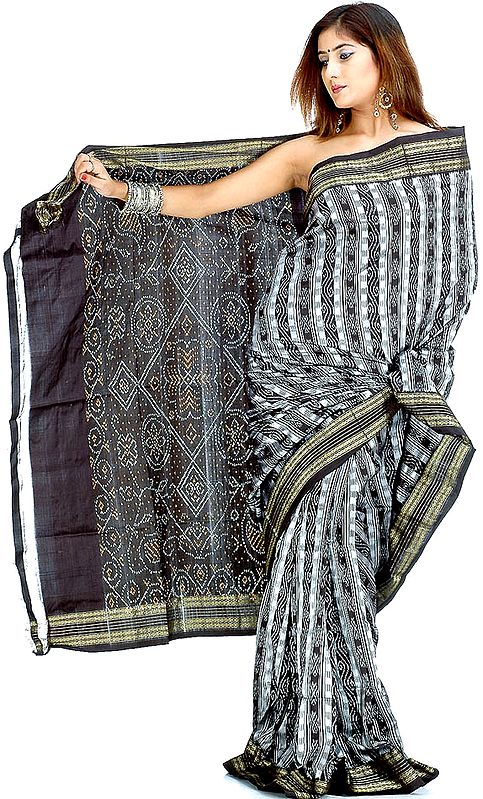 Black and Silver Double Ikat Sari from Pochampally with Rudraksha Border