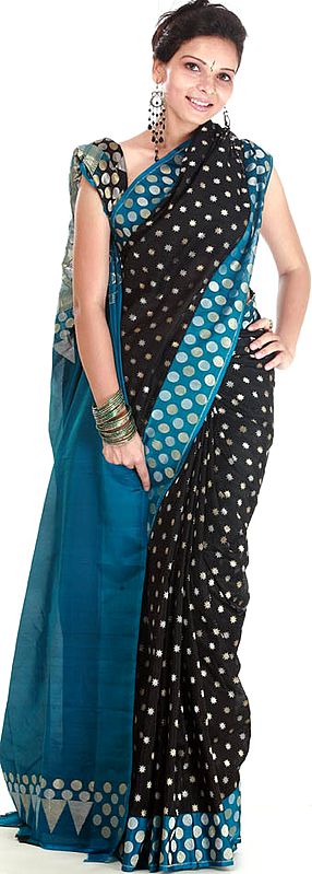 Black and Turquoise Sari from Banaras with Golden and Silver Stars Woven All-Over
