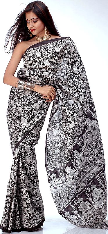 Black and White Block Printed Sari from Bengal