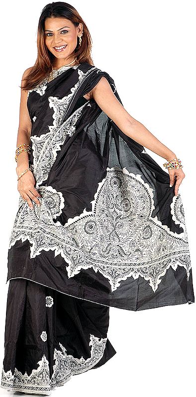 Black and White Designer Kantha Sari with Appliqué Work