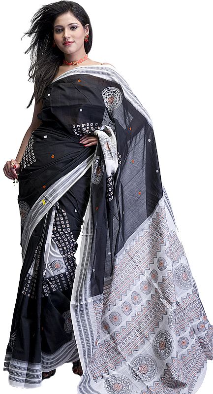 Black and White Sambhalpuri Sari from Orissa with Woven Chakras and Rudraksha Border