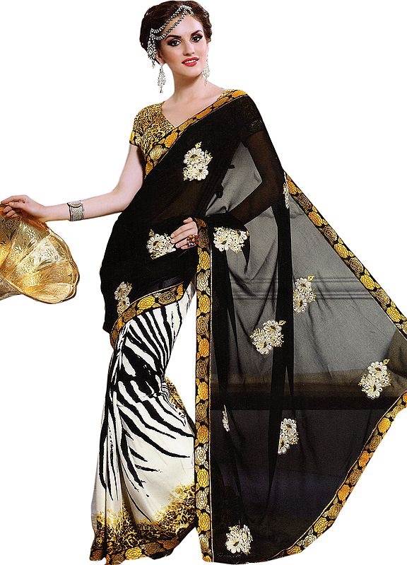 Black and White Sari with Embroidered Flowers and Zebra Print
