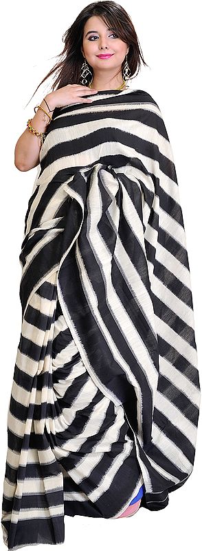 Black and White Striped Double Ikat Sari from Pochampally
