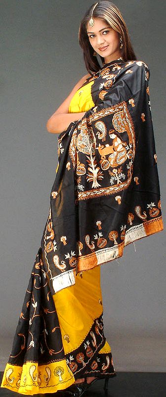 Black and Yellow Designer Sari with Kantha Stitch