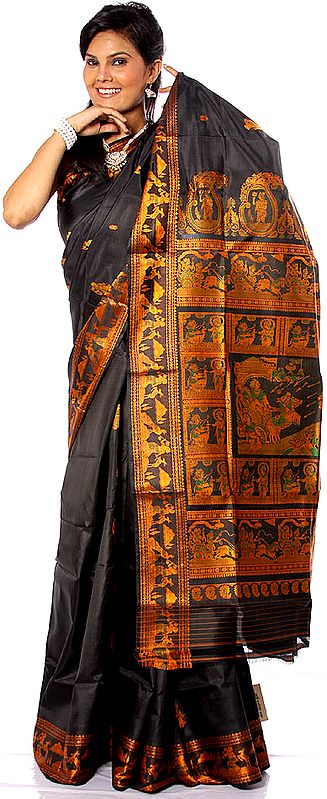 Black Baluchari Sari with Scenes from the Mahabharata