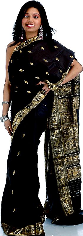Black Baluchari Sari with Shiva and Parvati woven in Golden Thread