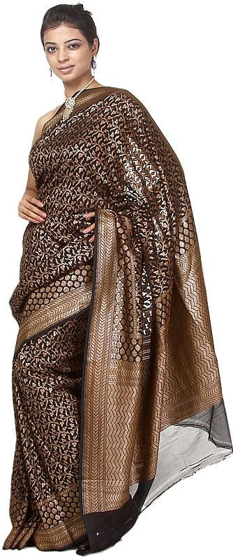 Black Banarasi Handloom Sari with All-Over Weave