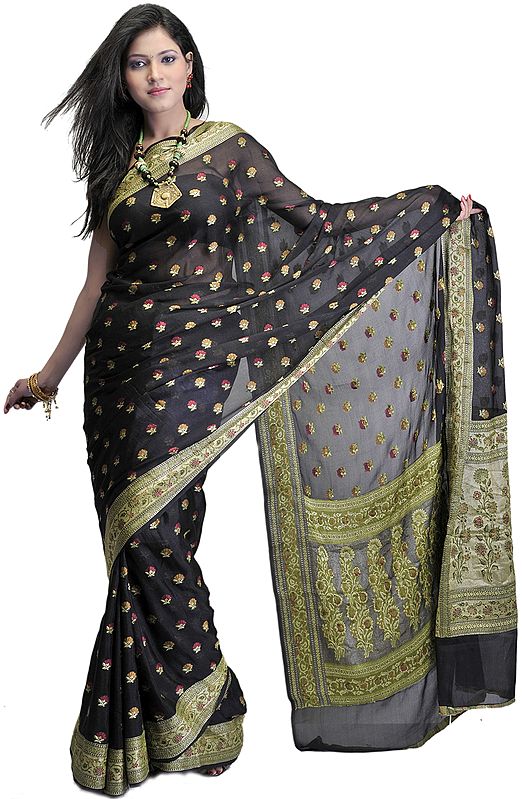 Black Banarasi Handloom Sari with All-Over Woven Flowers and Meenakari Border