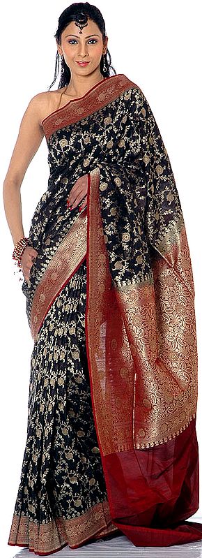 Black Banarasi Sari with All-Over Floral Weave in Golden Thread