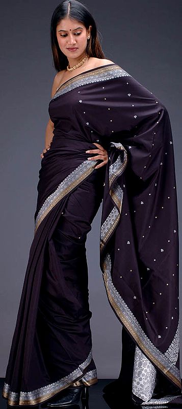 Black Banarasi Sari with Silver and Golden Bootis