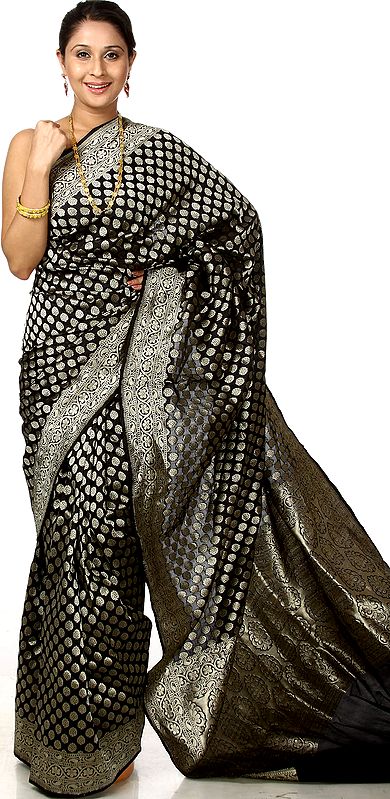 Black Banarasi Wedding Sari with Woven Paisleys in Zari Thread