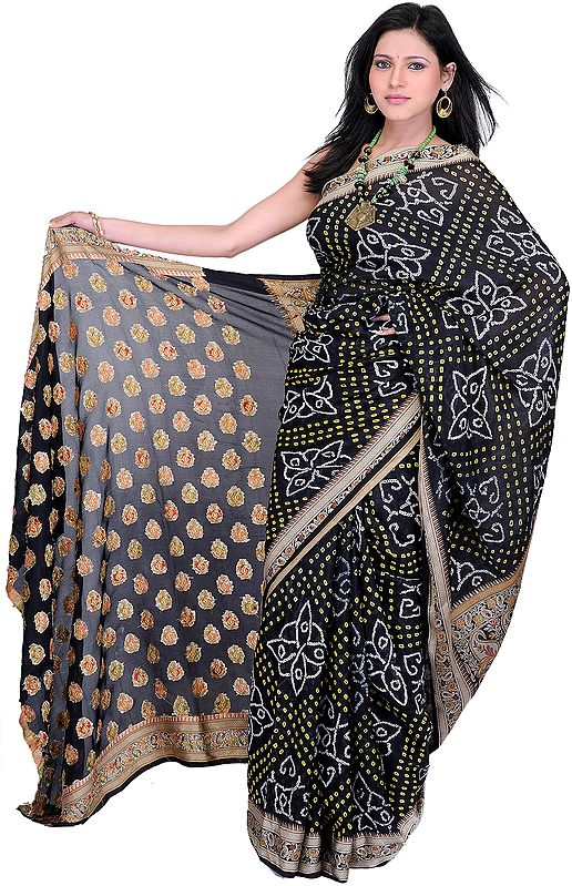 Black Bandhani Tie-Dye Sari From Rajasthan with Brocaded Border on Anchal
