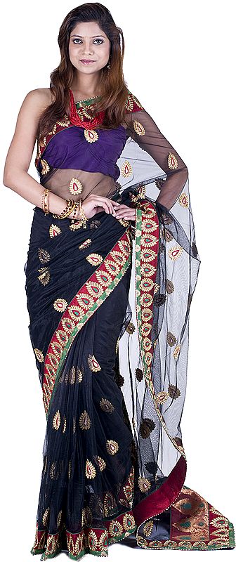 Black Bridal Saree with All-Over Aari Embroidered Paisleys and Patch Border