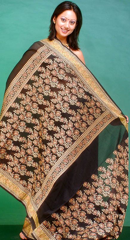 Black Brocaded Floral Sari