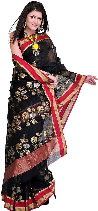 Black Chanderi Handloom Sari with Woven Golden Flowers and Red Border
