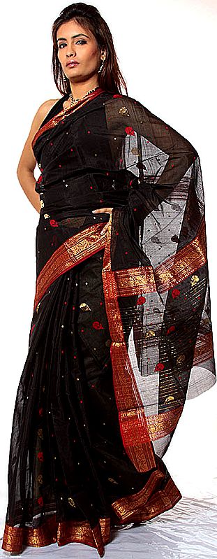 Black Chanderi Sari with Brocade Weave on Border and All-Over Bootis