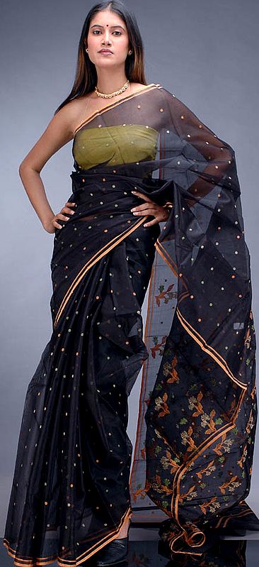Black Chanderi Sari with Mult-Color Floral Weave