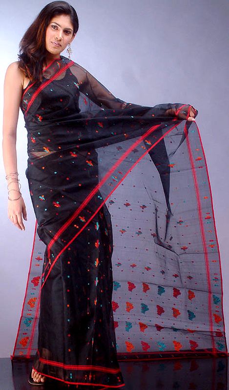 Black Chanderi Sari with Red and Blue Bootis