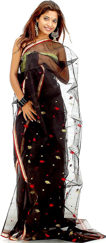 Black Chanderi Sari with Red and Golden Bootis